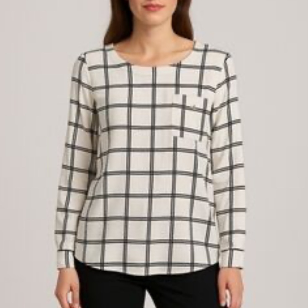 The Workshop White & Black Checkered Business Casual Top Small
